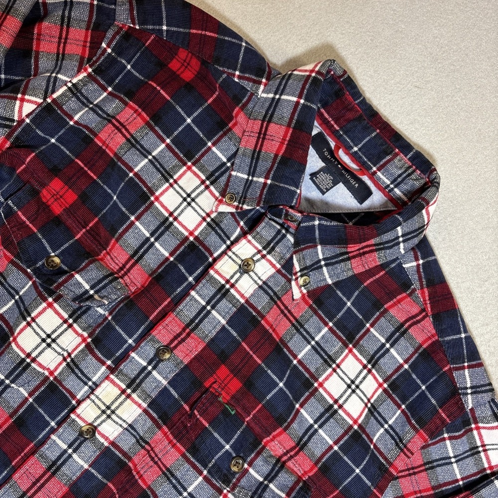 Tommy Hilfiger Flannel Shirt Men Small Red White Blue Plaid Collar Long‎ Sleeve